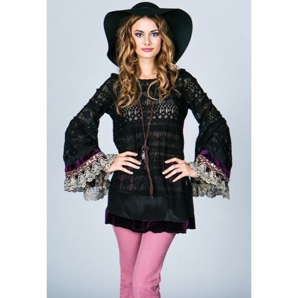 RARE Free People Black Lace Velvet Silk Bell Sleeve Whimsigoth Mini Dress Tunic - Picture 1 of 16